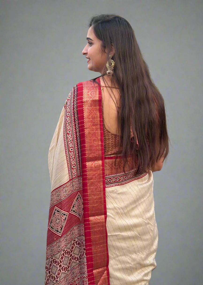 Zari border Soft Ajrakh Pallu Saree
