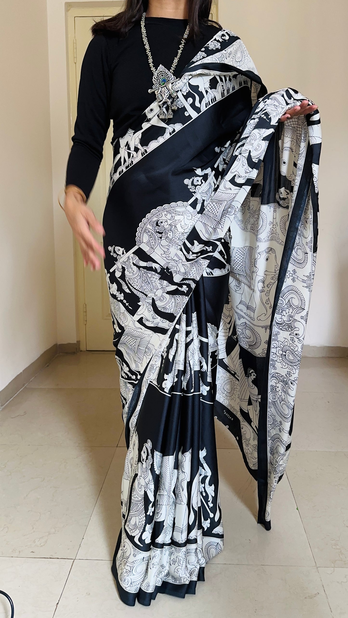 Black and White Kalamkari Saree