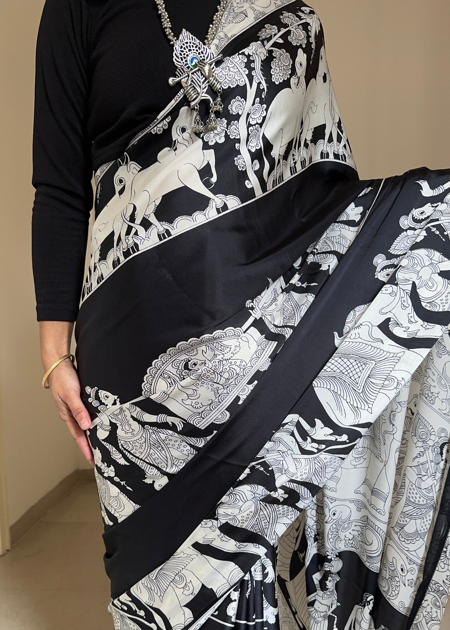 Black and White Kalamkari Saree