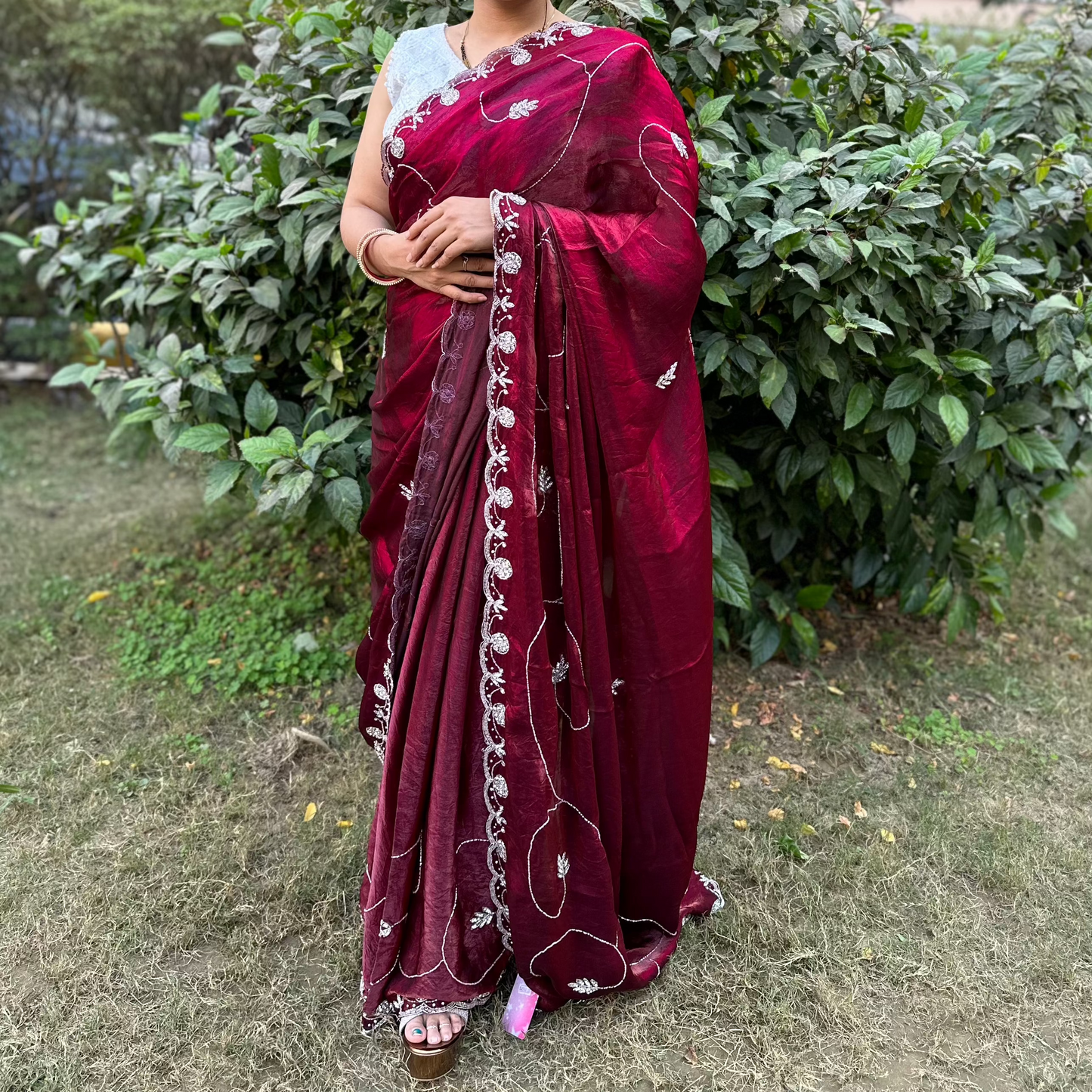 Rani Tissue Embroidered Saree