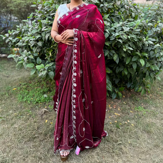 Magenta Rani Tissue Embroidered Saree