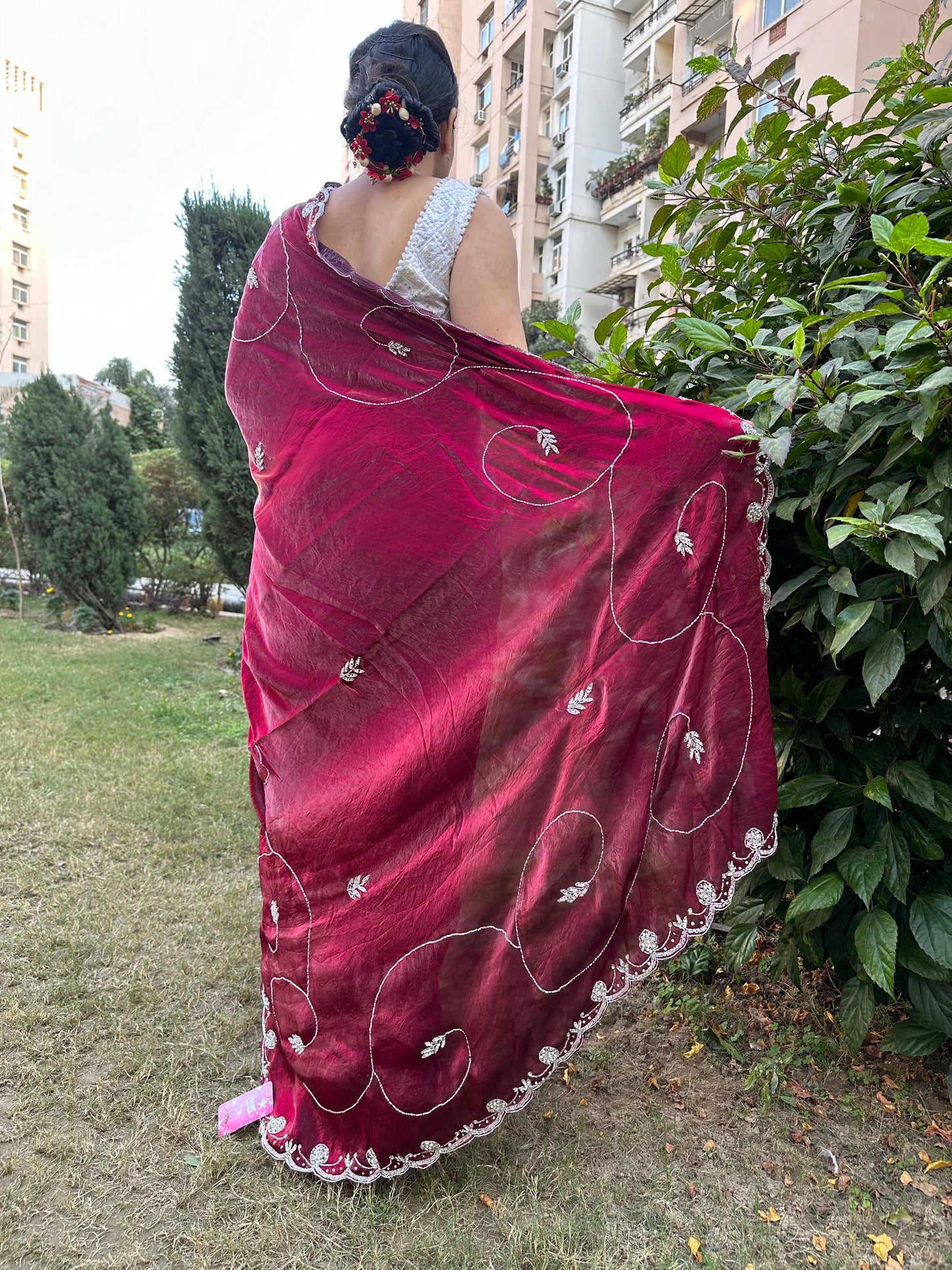 Rani Tissue Embroidered Saree