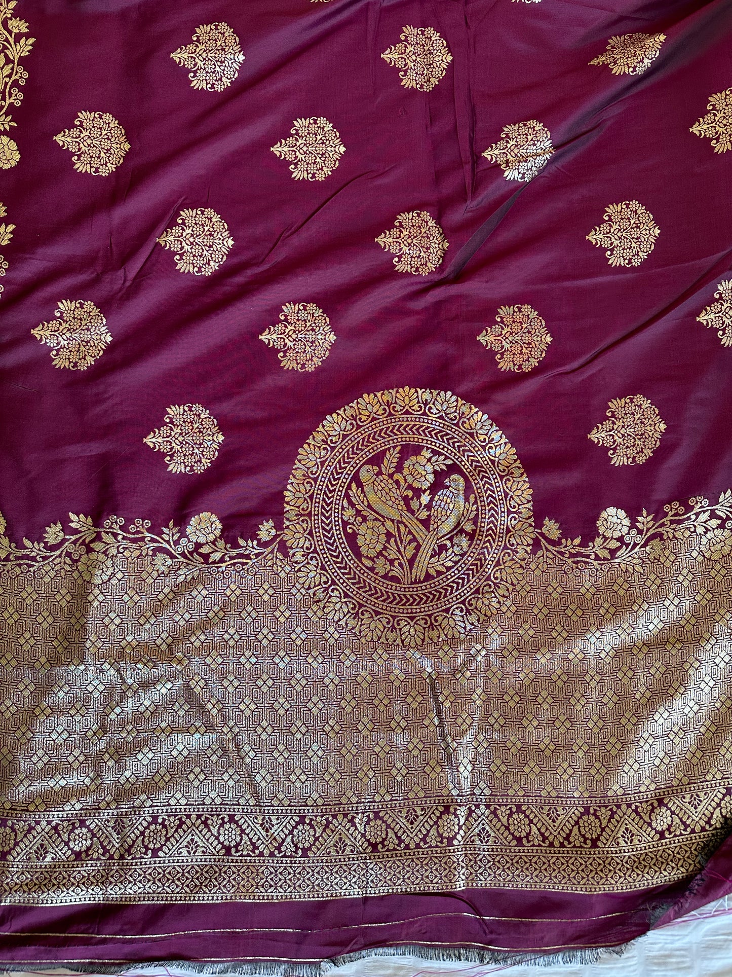 Purple Parrot Golden Zari Work Banarasi Saree