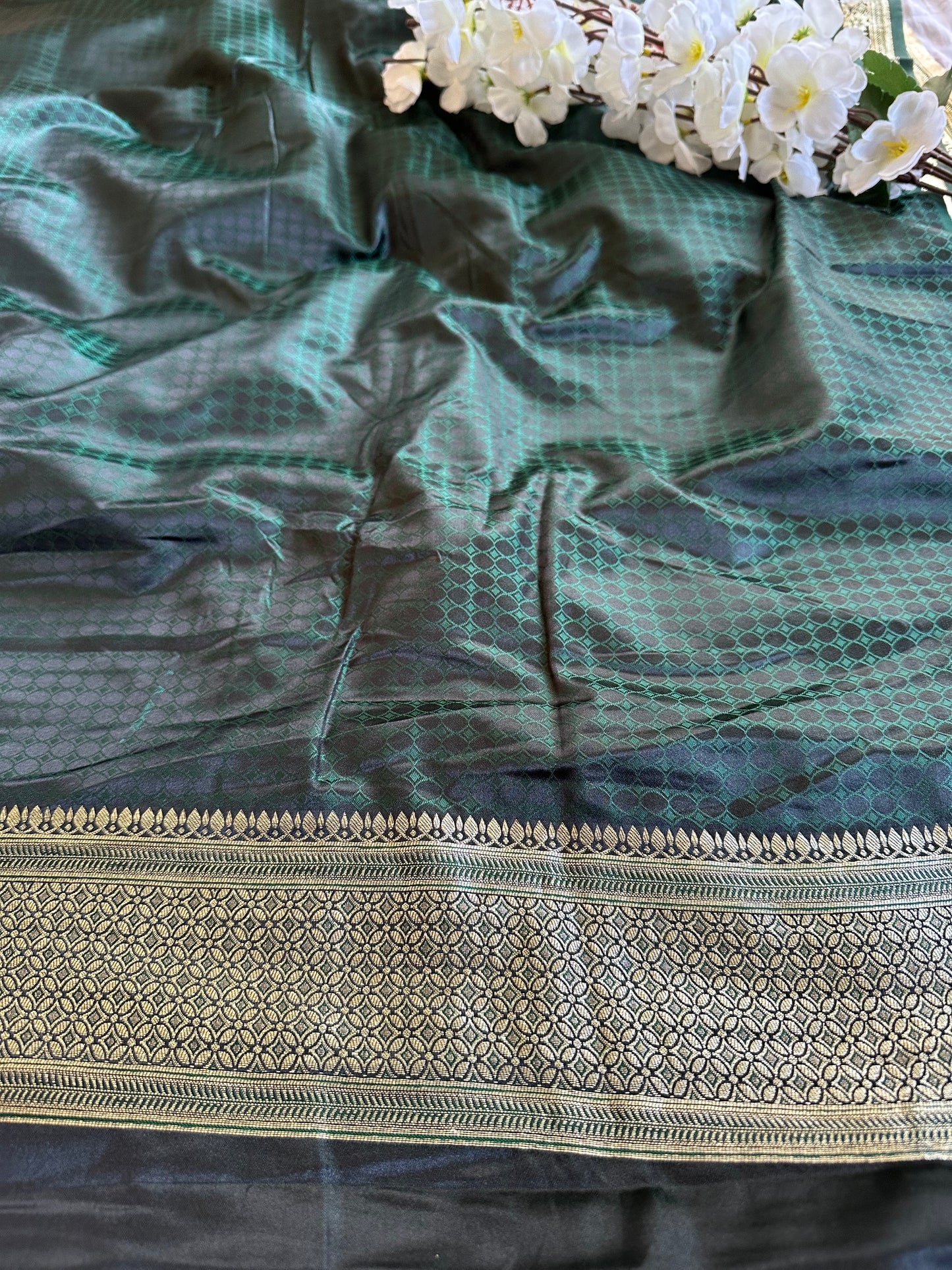 Dark Green Banarasi Soft Silk Saree with Golden Zari Work