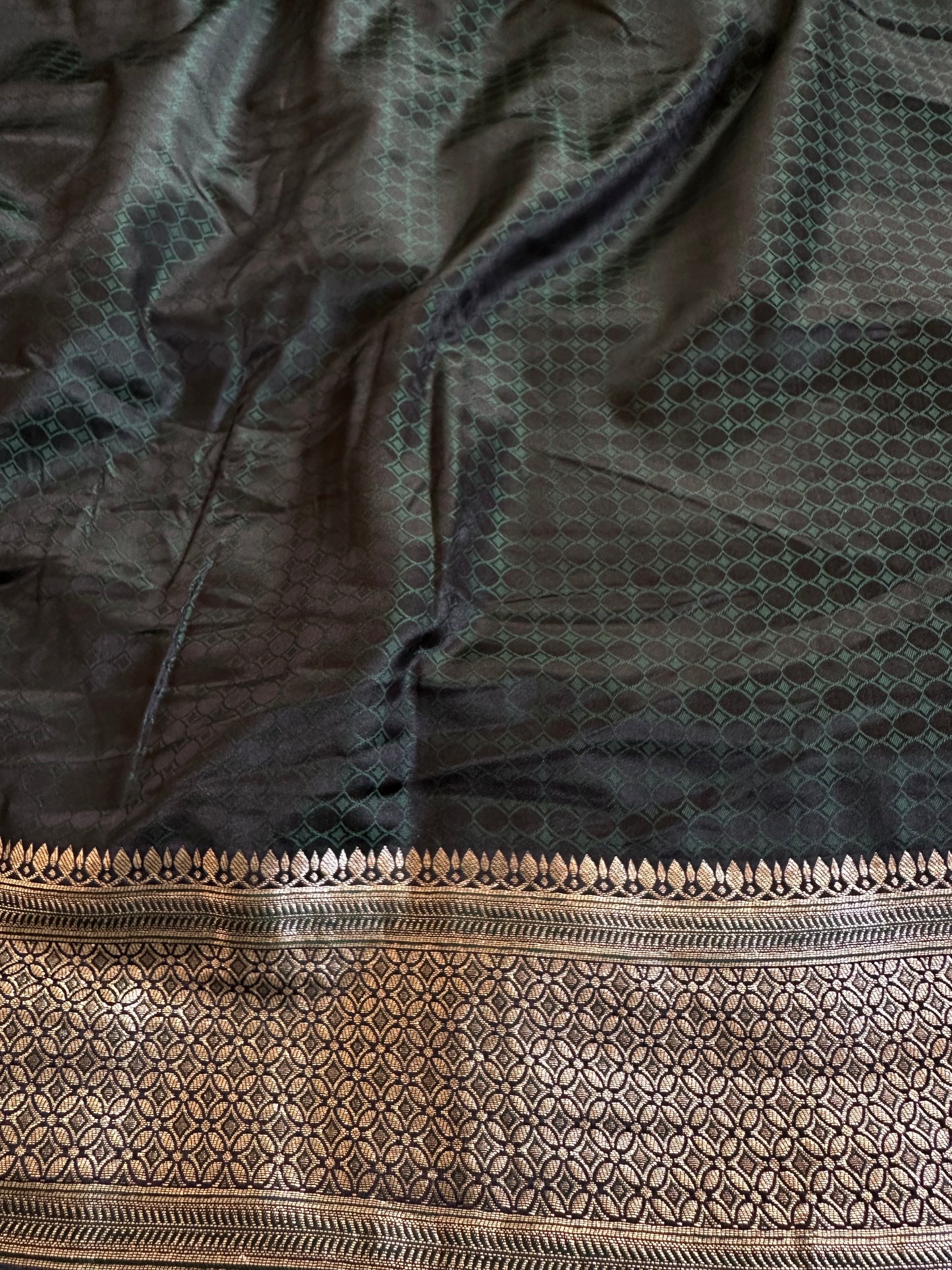Dark Green Banarasi Soft Silk Saree with Golden Zari Work