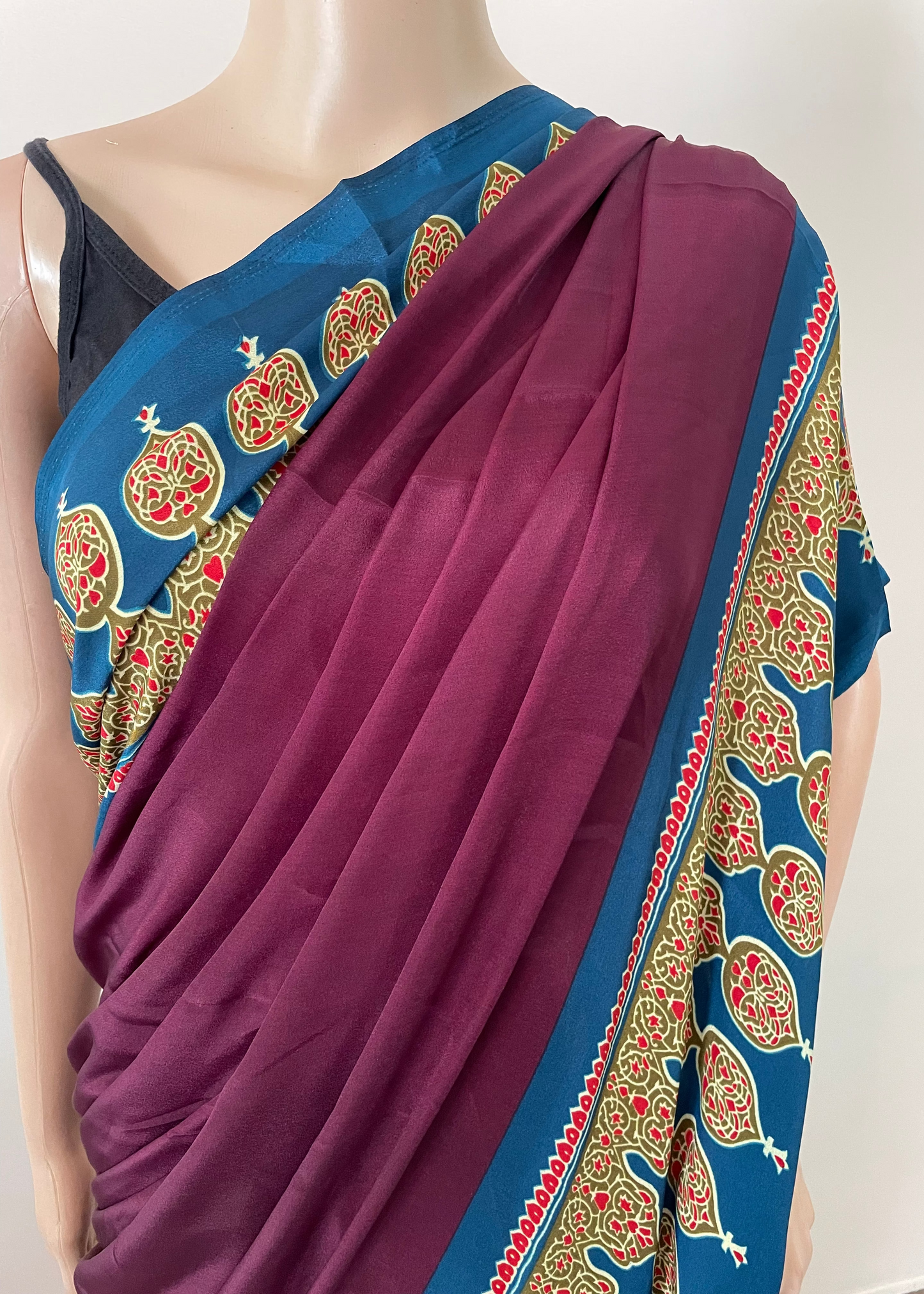 Ajrakh Pallu Plain Crepe Saree