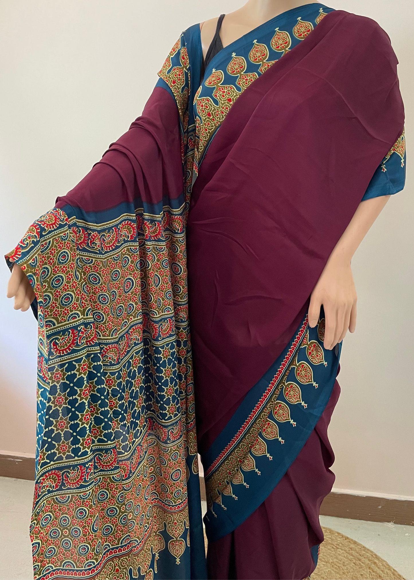 Ajrakh Pallu Plain Crepe Saree