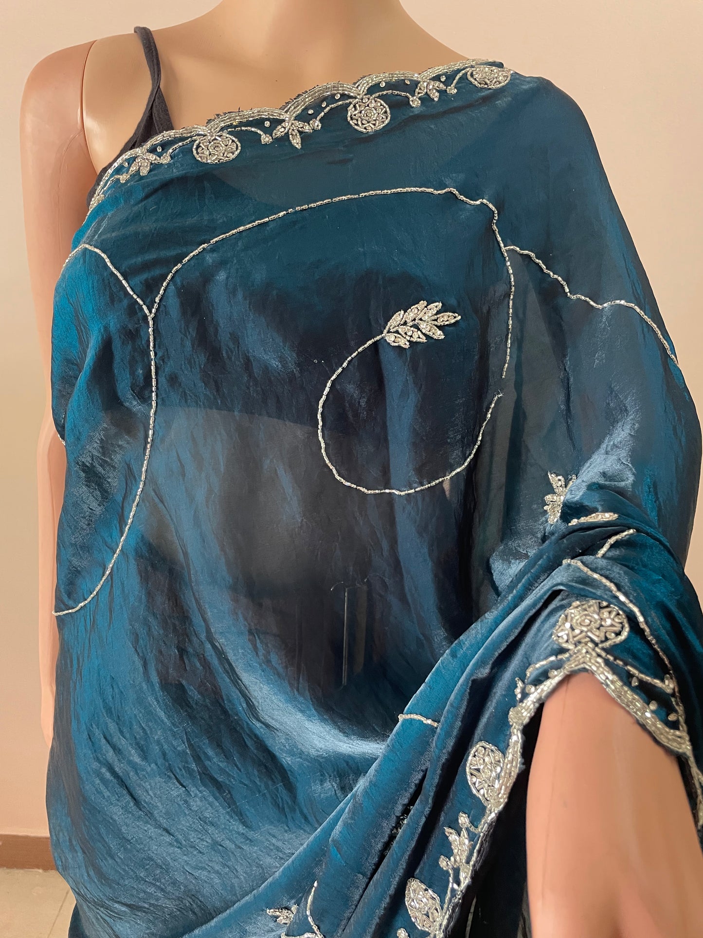 Rani Tissue Embroidered Saree