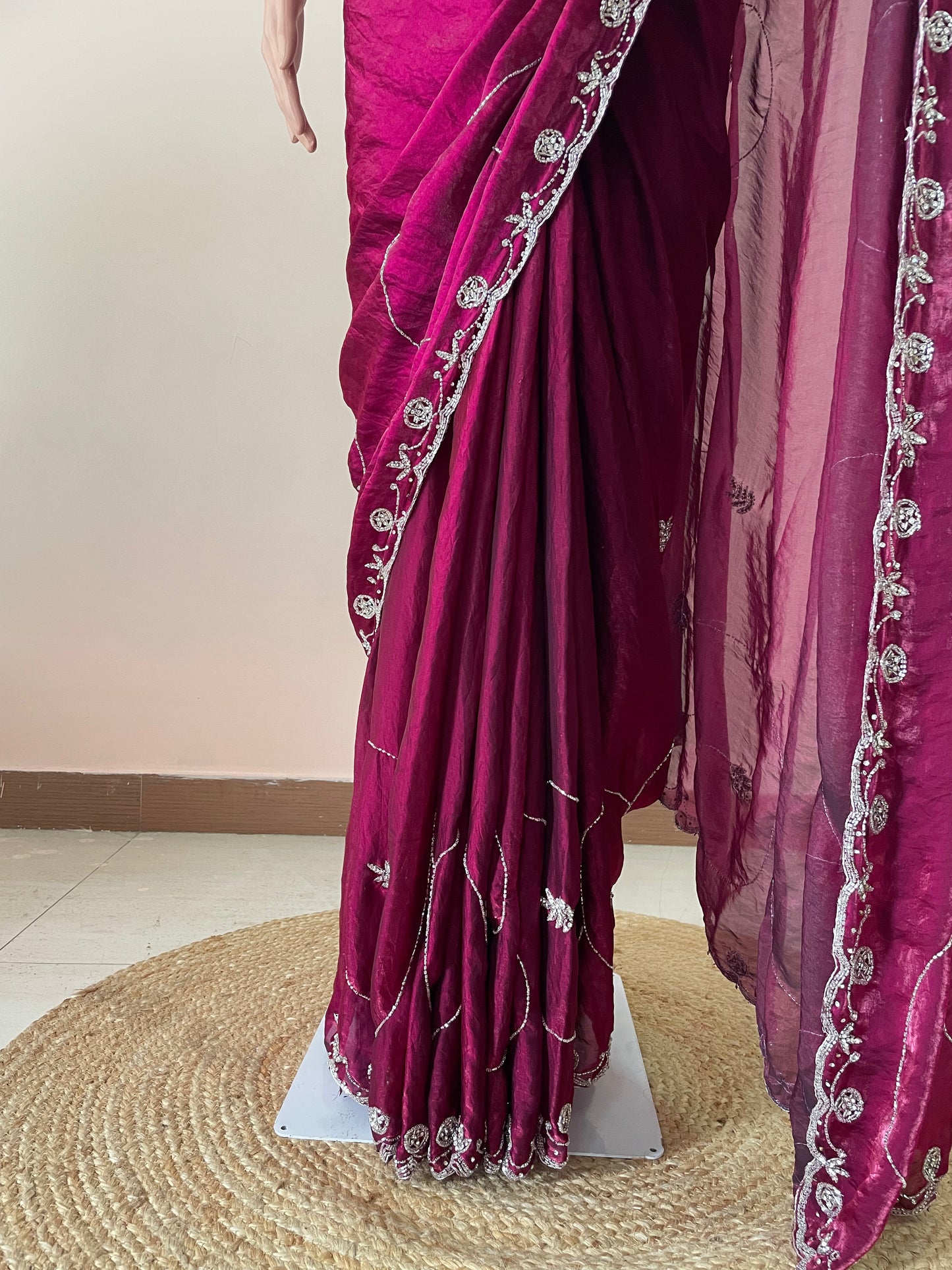 Rani Tissue Embroidered Saree