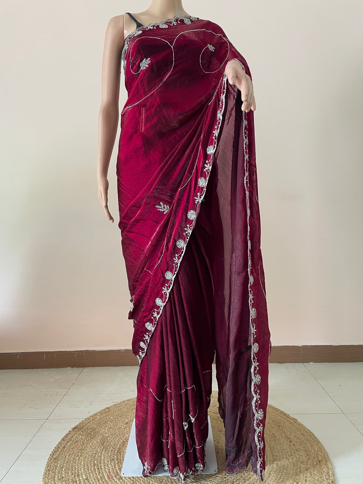 Rani Tissue Embroidered Saree