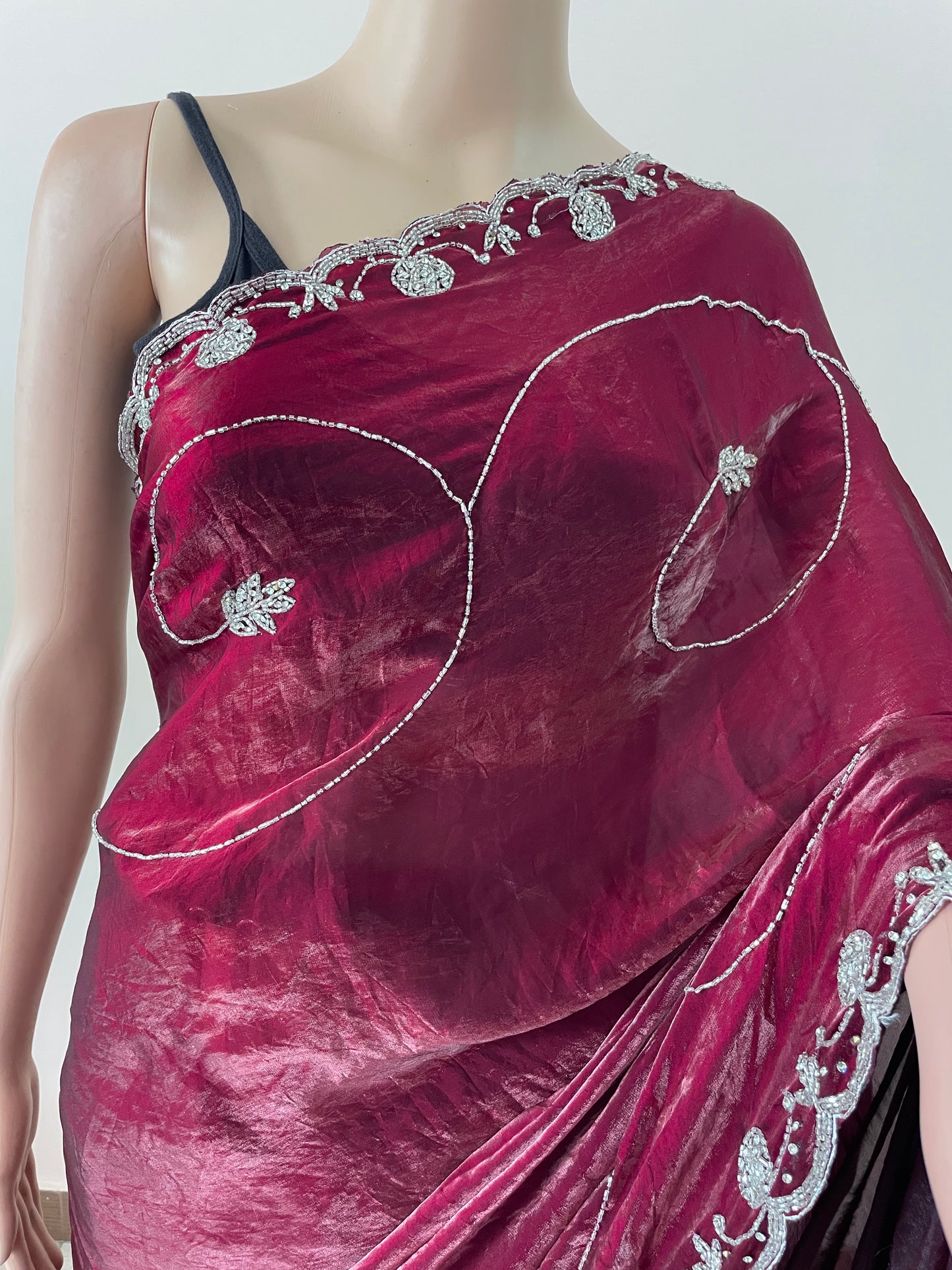 Rani Tissue Embroidered Saree