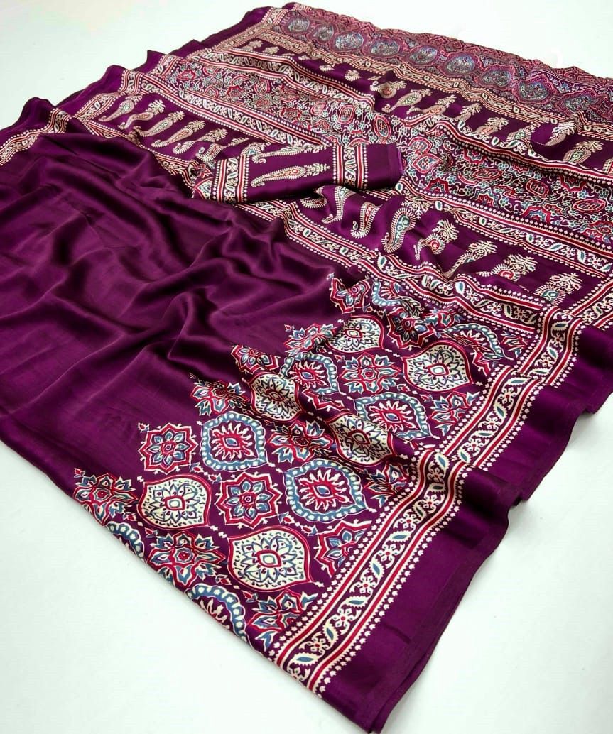 Makhmali Ajrakh Border Saree