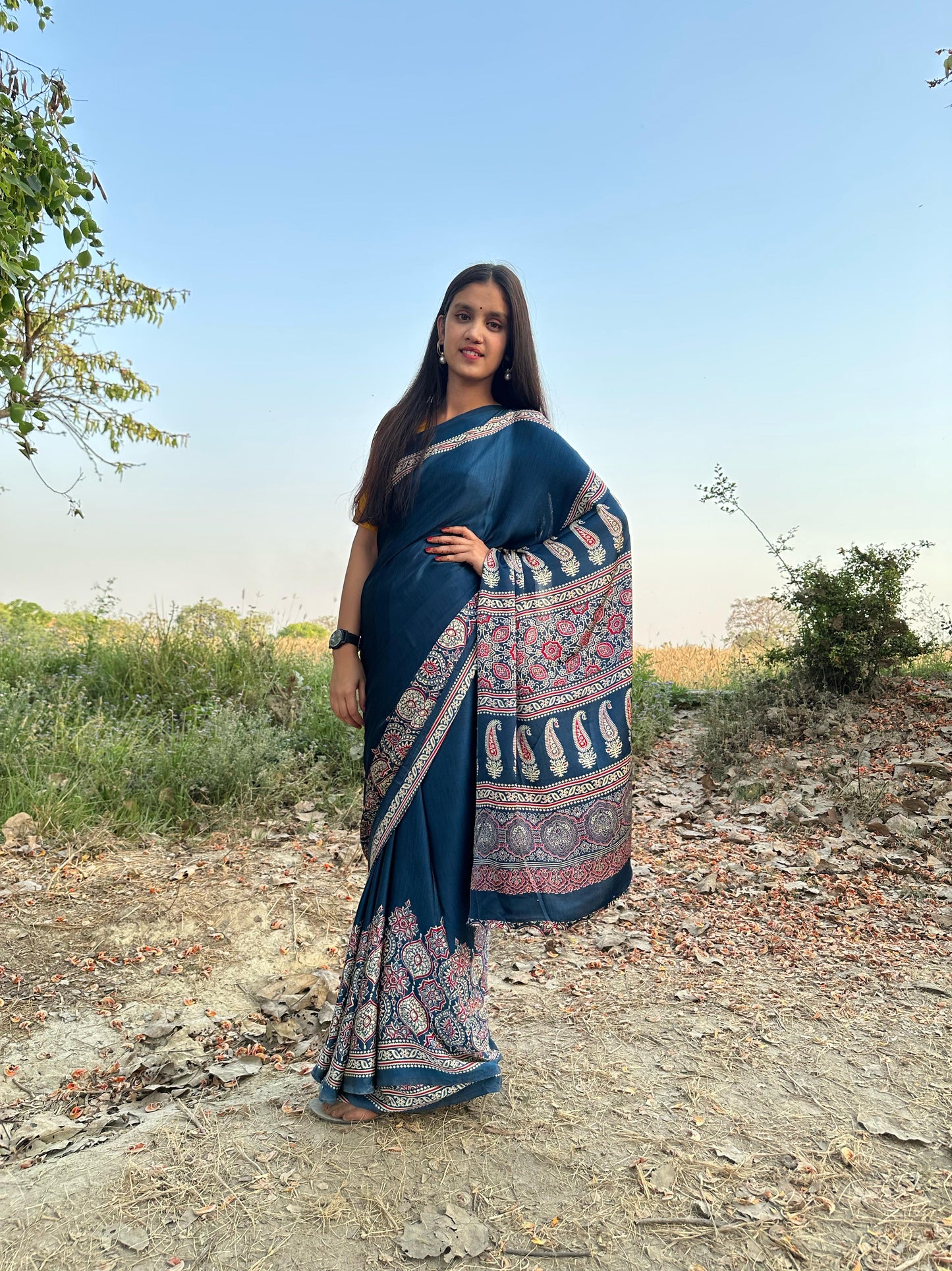 Makhmali Ajrakh Border Saree