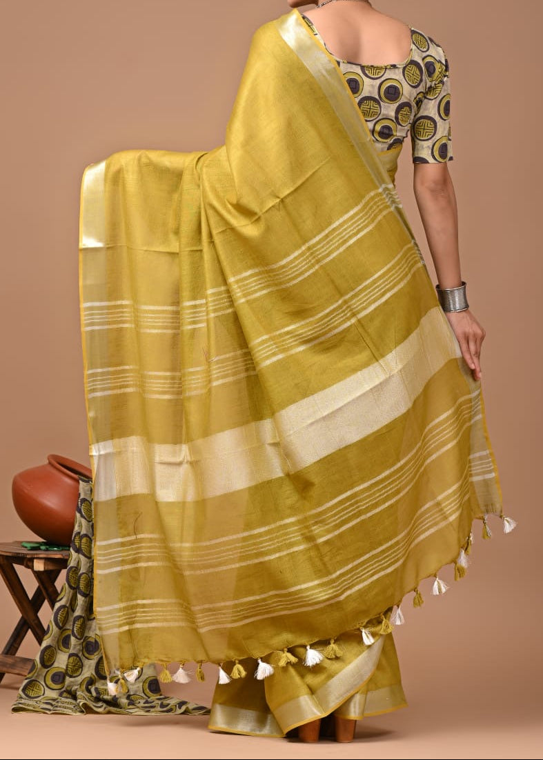 Khaki Green Meera Linen Cotton Saree