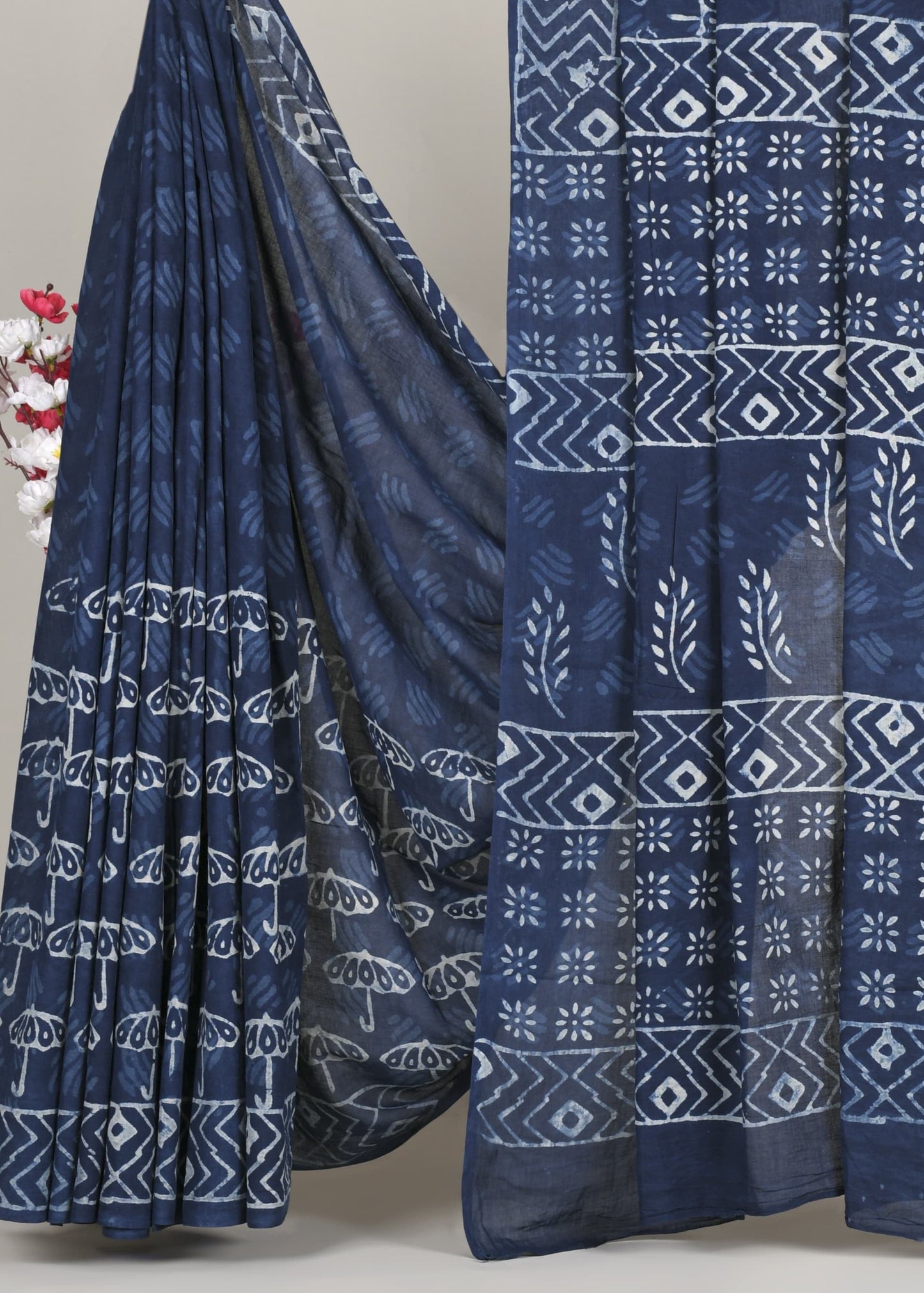Neel Tara Umbrella Print Pure Cotton Indigo Saree