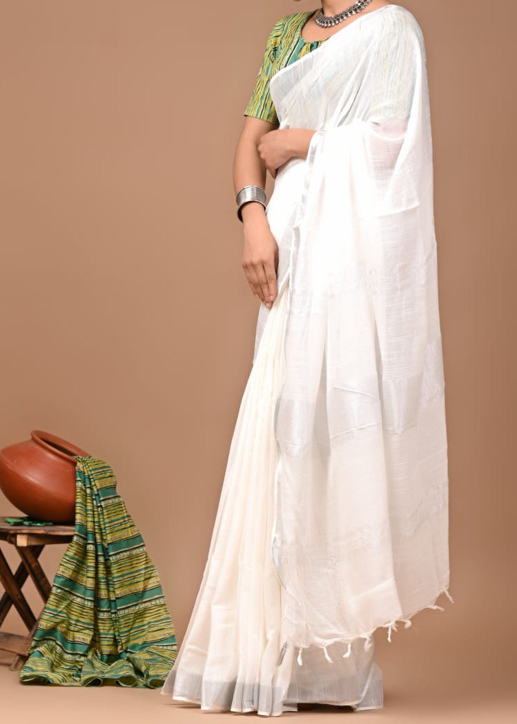 White Meera Linen Cotton Saree