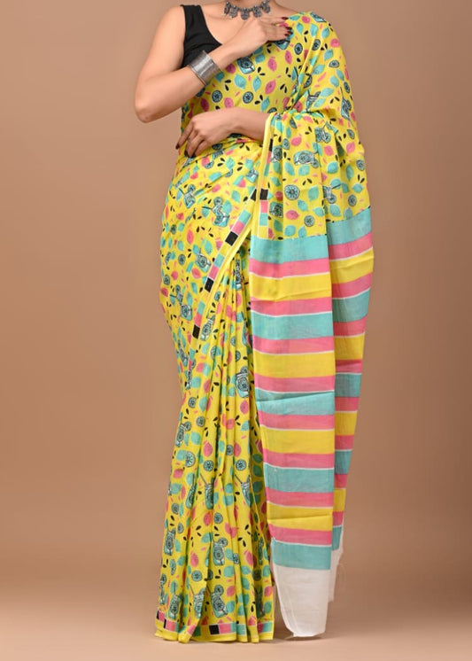 Handblock Printed Mul Cotton Saree