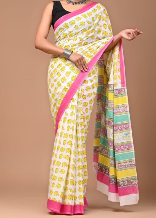 Handblock Printed Mul Cotton Saree