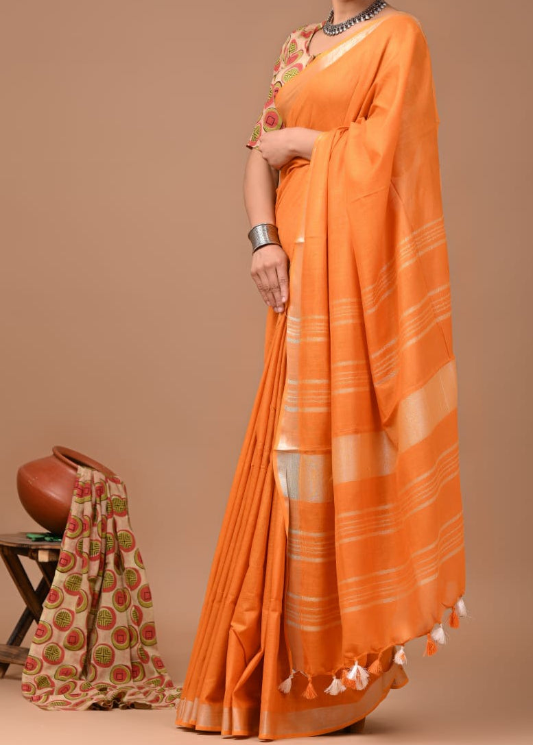 Orange Meera Linen Cotton Saree