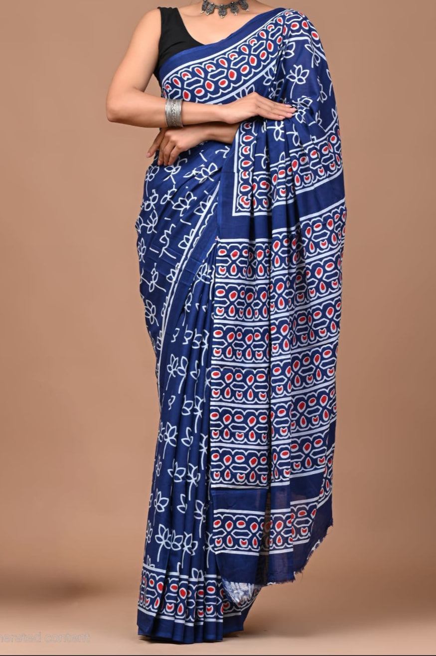 Handblock Printed Mul Cotton Saree