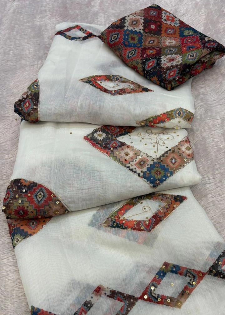 White Sequence Kasab Work Saree