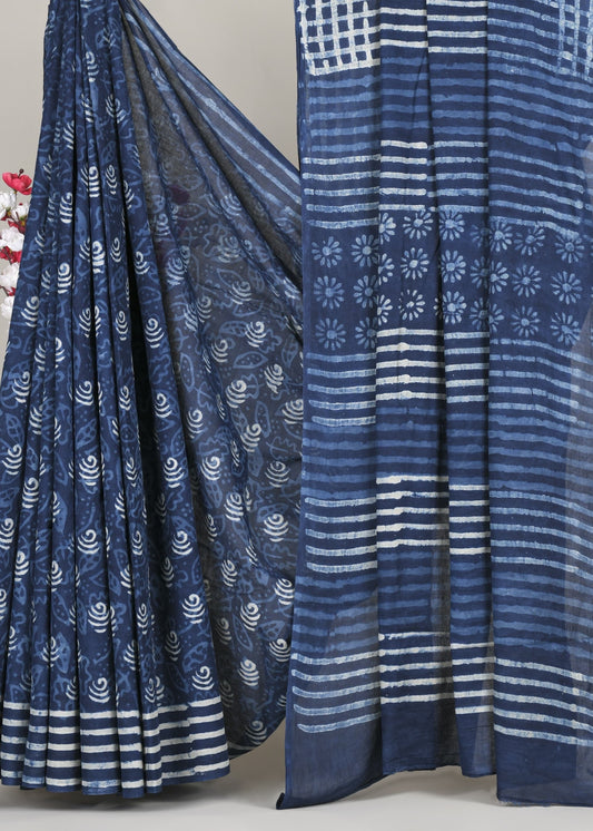 Neel Tara Spiral Print Pure Cotton Indigo Saree