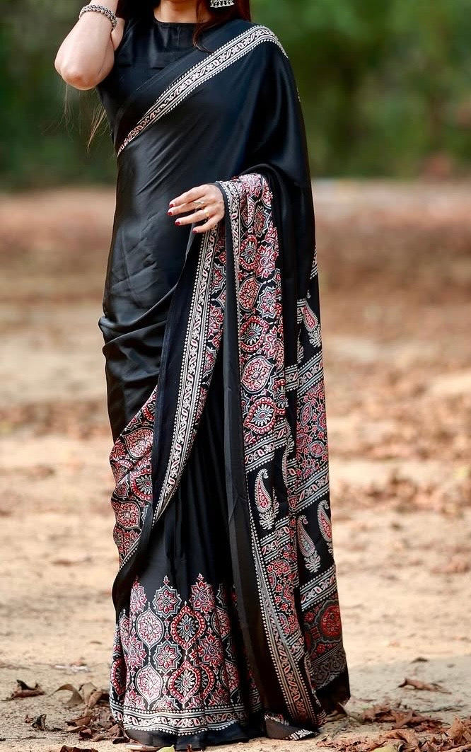 Black Makhmali Ajrakh Border Saree