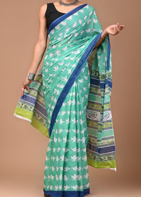 Handblock Chidiya Printed Mul Cotton Saree