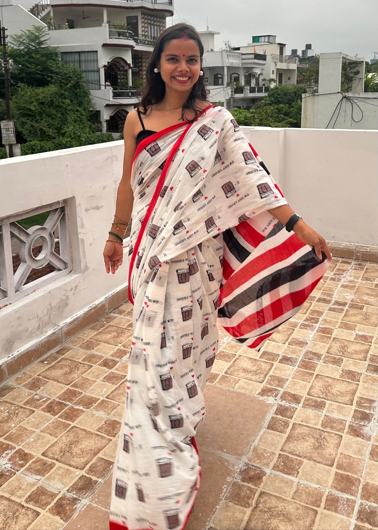 Chai Handblock Printed Mul Cotton Saree