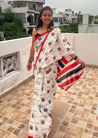 Chai Handblock Printed Mul Cotton Saree