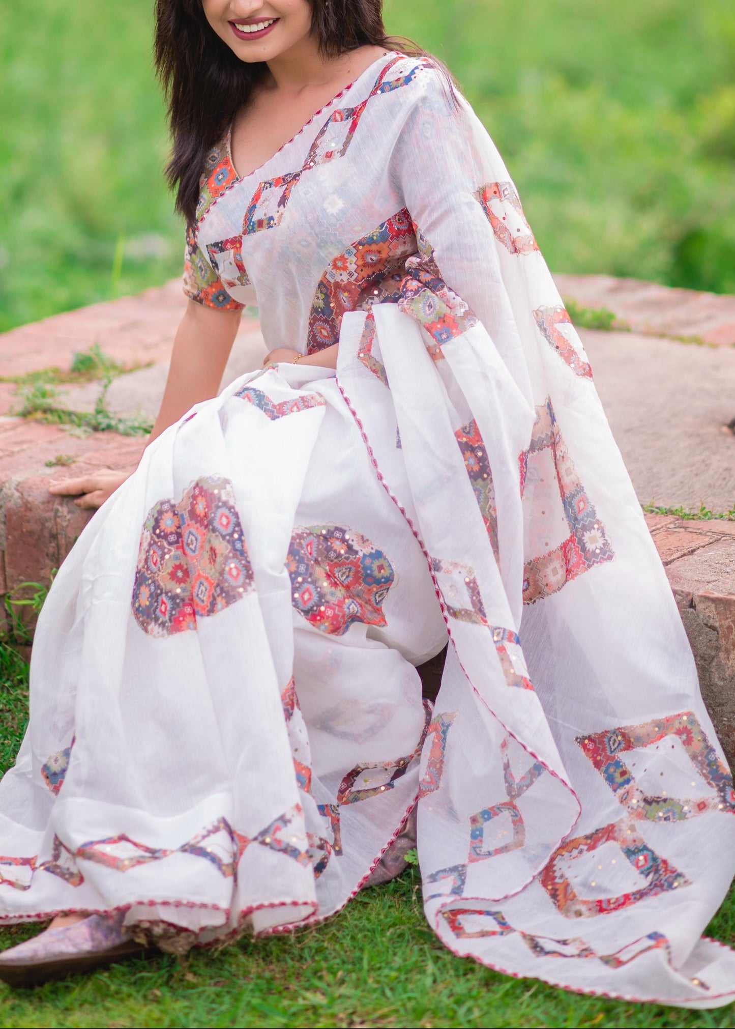 White Sequence Kasab Work Saree