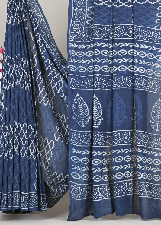 Neel Tara Print1 Pure Cotton Indigo Saree