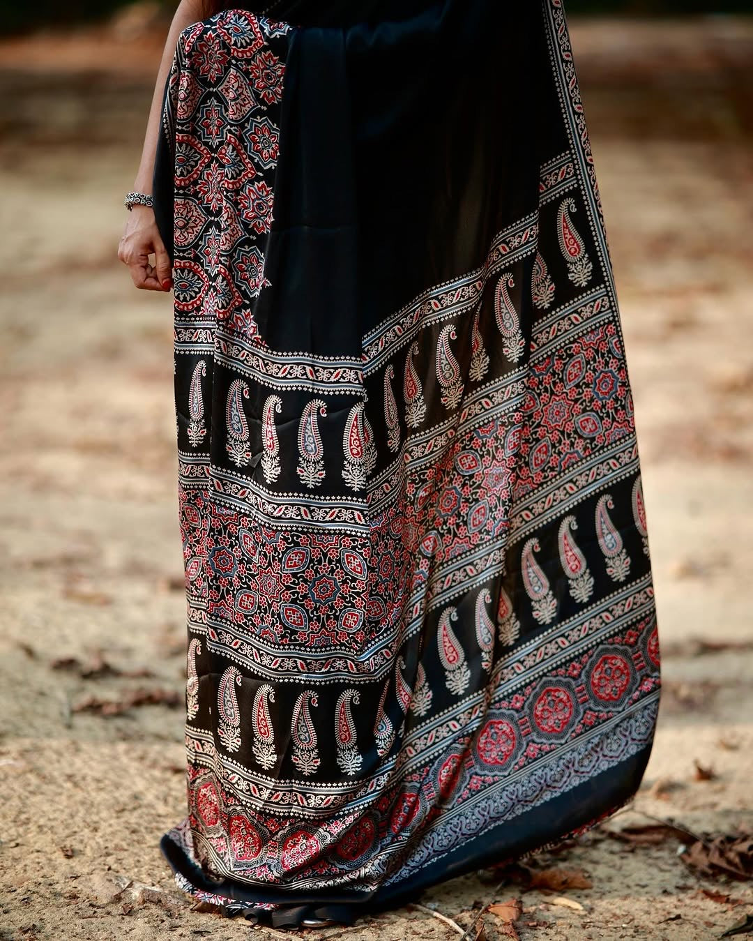 Black Makhmali Ajrakh Border Saree
