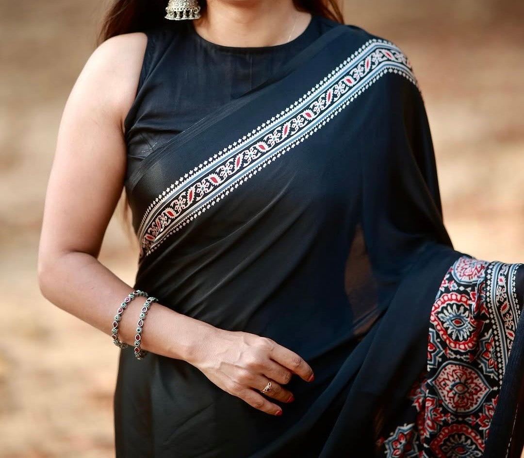 Black Makhmali Ajrakh Border Saree