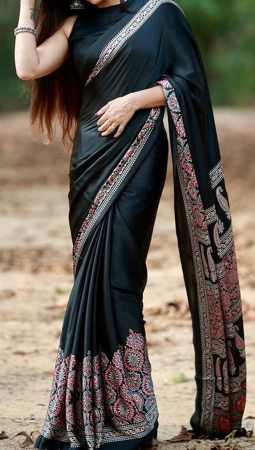 Black Makhmali Ajrakh Border Saree