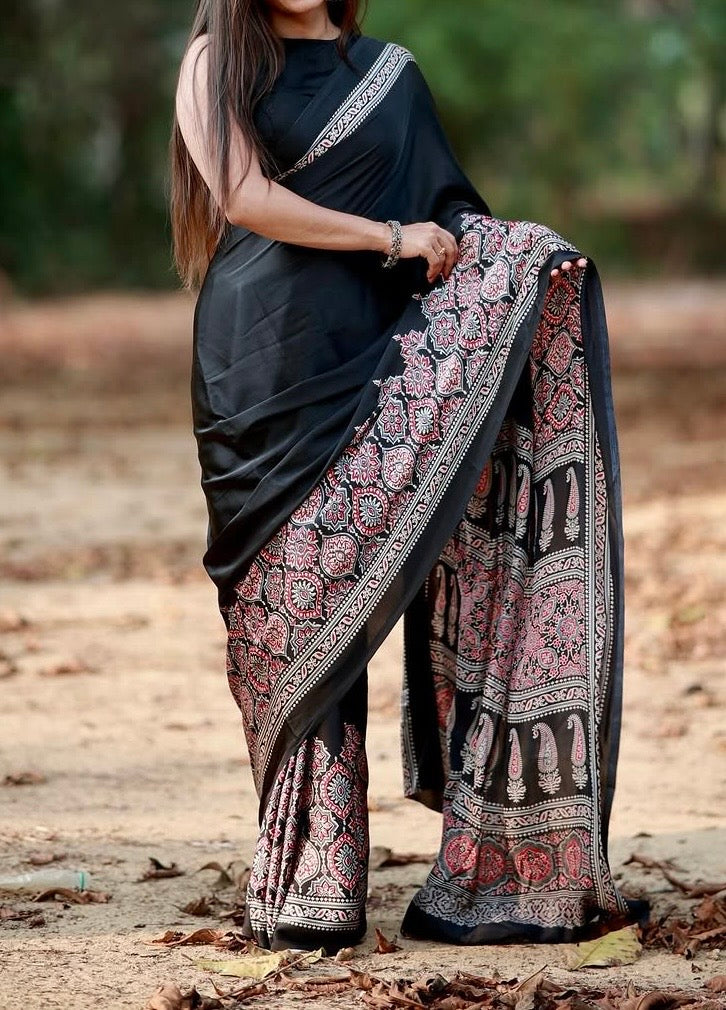 Black Makhmali Ajrakh Border Saree