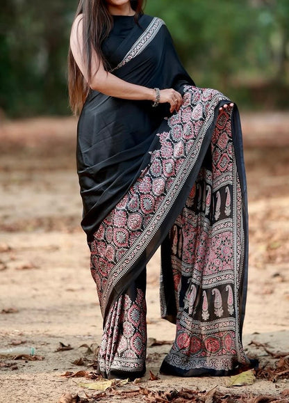 Black Makhmali Ajrakh Border Saree