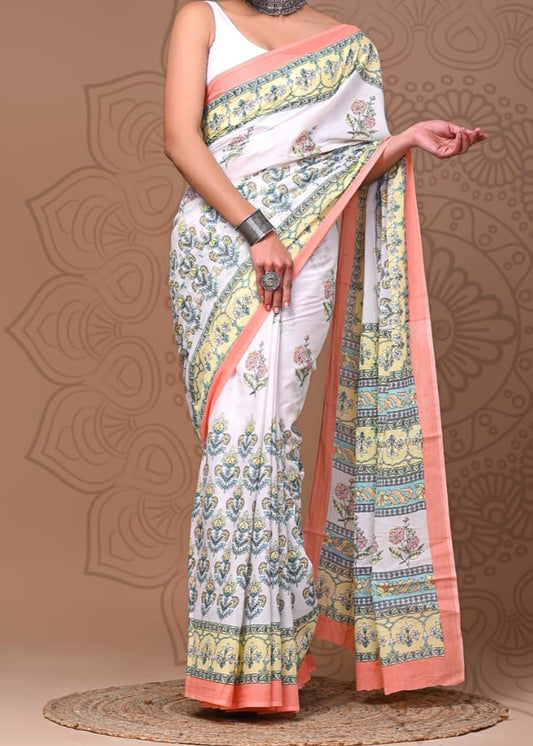 Handblock Printed Mul Cotton Saree
