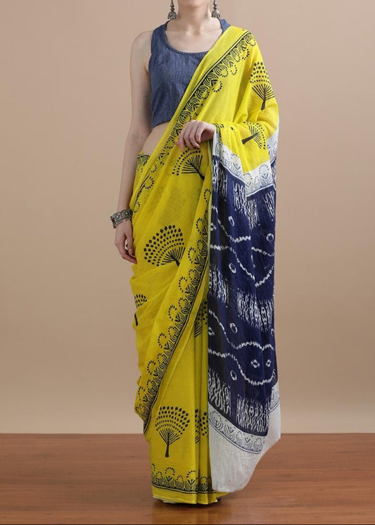 Mehek Yellow Black Mul Cotton Saree