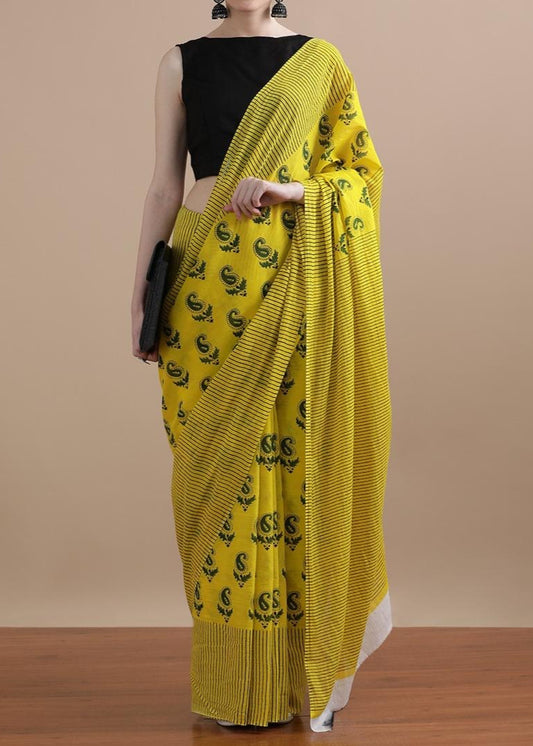Yellow Mul Cotton Saree