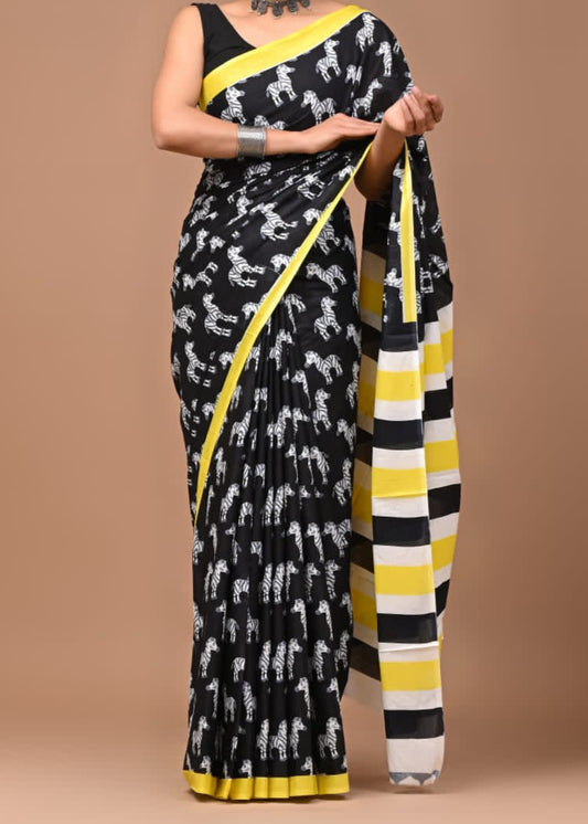 Handblock Zebra Printed Mul Cotton Saree