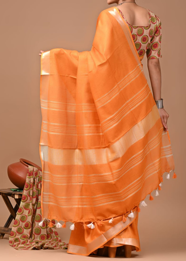 Orange Meera Linen Cotton Saree