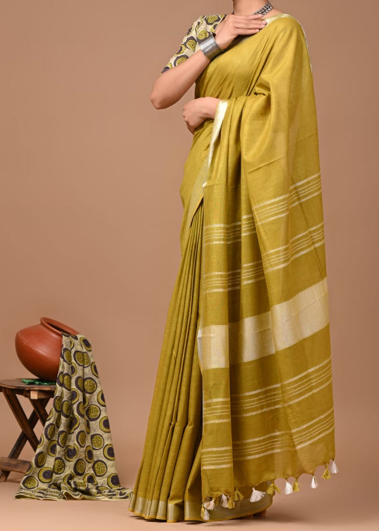Khaki Green Meera Linen Cotton Saree