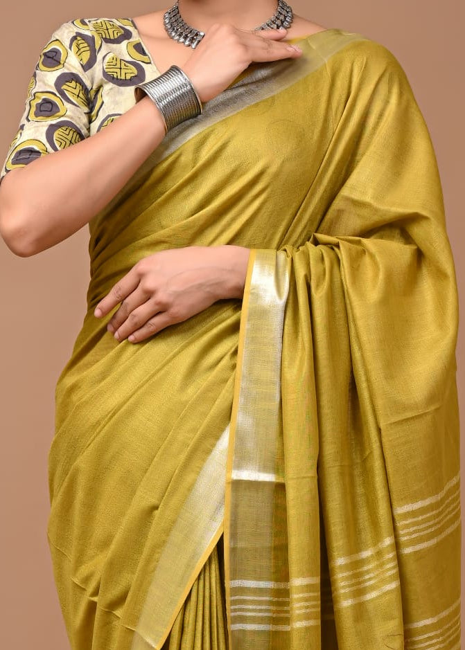 Khaki Green Meera Linen Cotton Saree