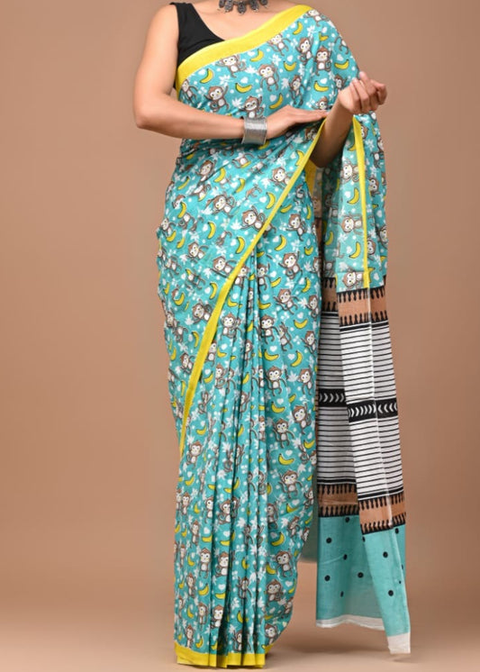 Handblock Lion Printed Mul Cotton Saree