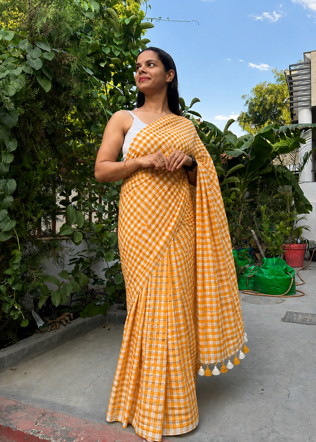 Yellow Rosy Check Mul Cotton Saree