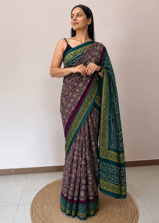 Ajrakh Pallu Crepe Saree