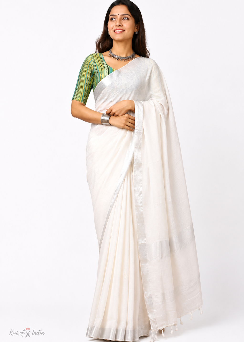 White Meera Linen Cotton Saree