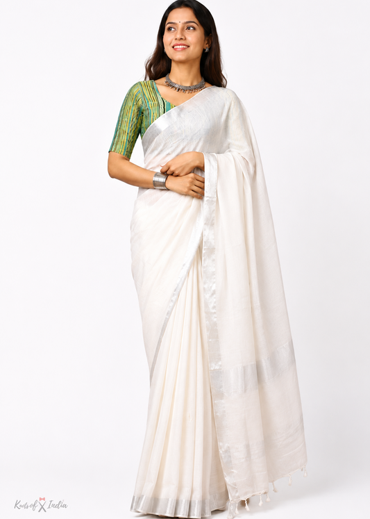 White Meera Linen Cotton Saree