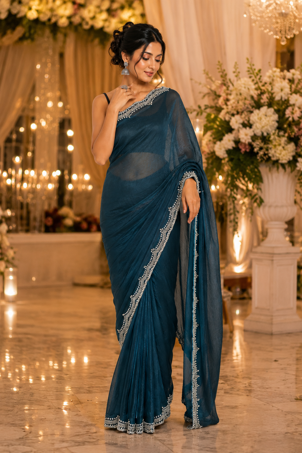 Peacock Blue Mandira Embroidered Saree